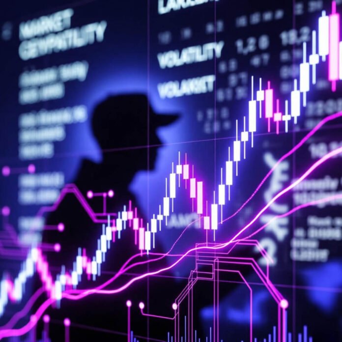 Shadowy trader views cracked screen with surging Bitcoin chart in neon hues. (8 words)