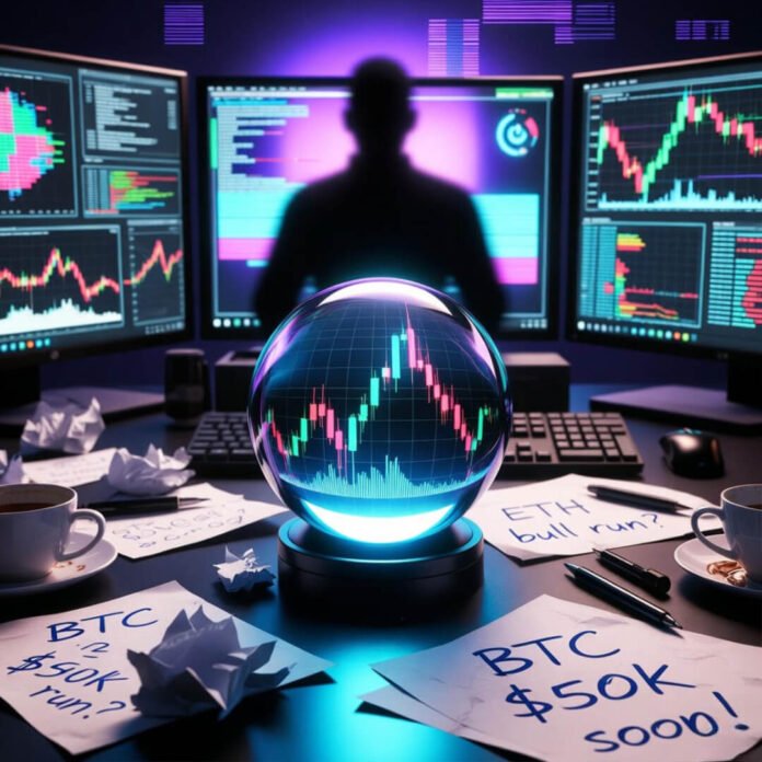 Cyberpunk crystal ball forecasting crypto charts on cluttered desk.