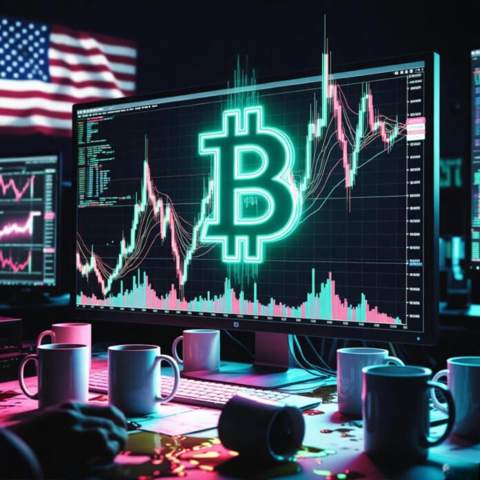 Cyberpunk trader smirking at surging Bitcoin charts with spilled coffee.