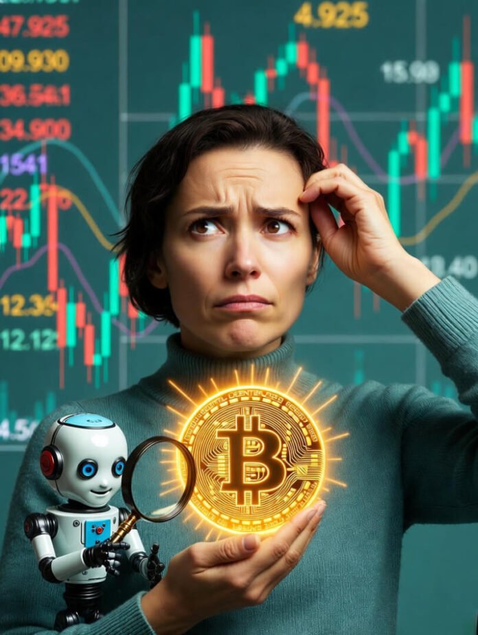 staring at his laptop screen showing wild altcoin price charts spiking