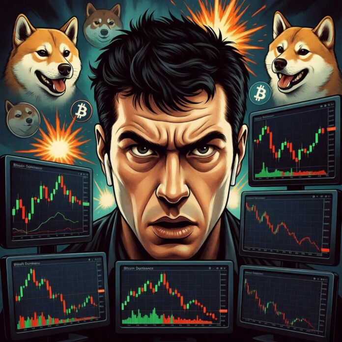 Stressed trader amid exploding altcoins and plunging Bitcoin dominance.