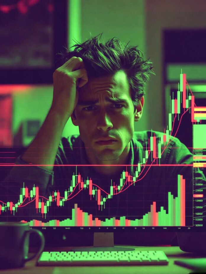 confusion while staring at a glowing Bitcoin coin hovering over a wildly volatile candlestick