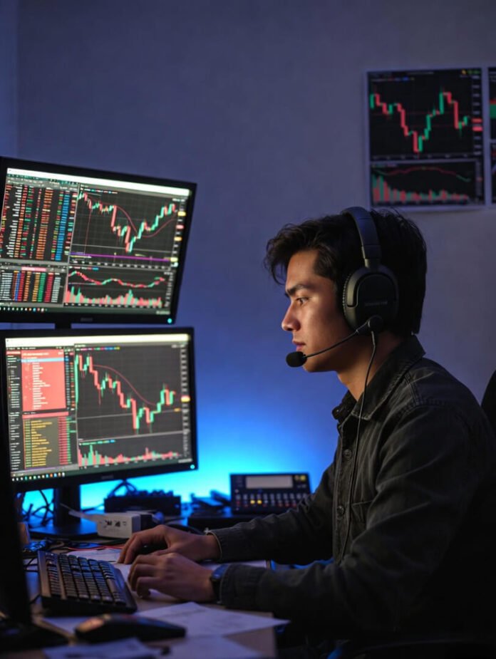 staring at multiple glowing monitors filled with erratic green and red candlestick