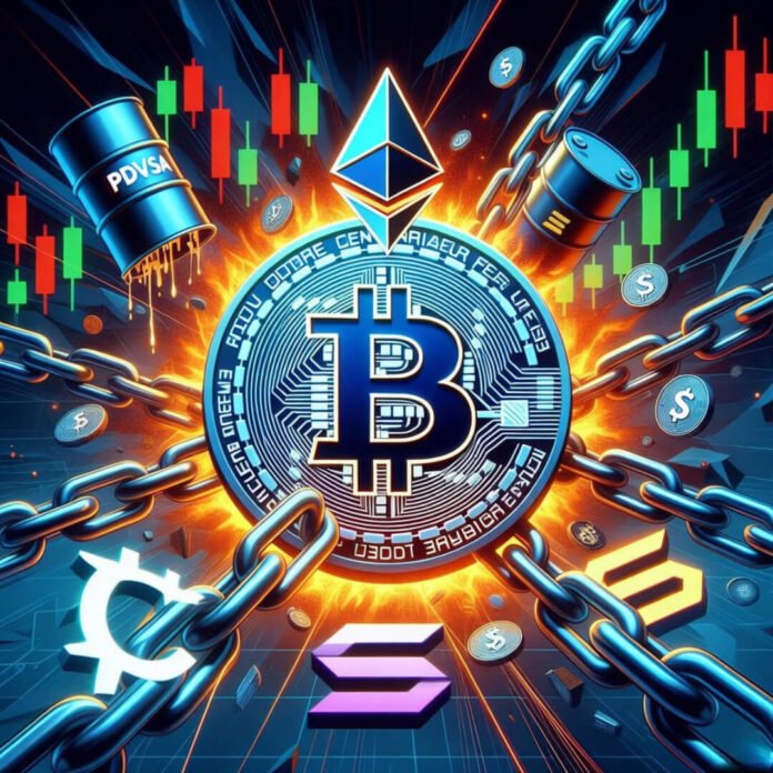 Cyberpunk Bitcoin surge with altcoins and oil barrels chaos.