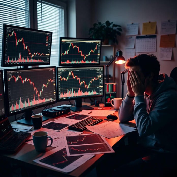 Stressed trader facing crashing crypto charts at night.