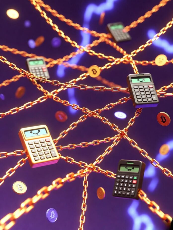 glowing golden chains linking smiling vintage calculators,