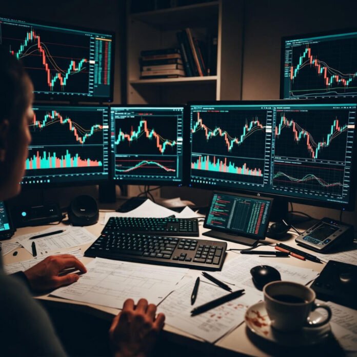 Exhausted crypto trader's cluttered late-night desk setup.