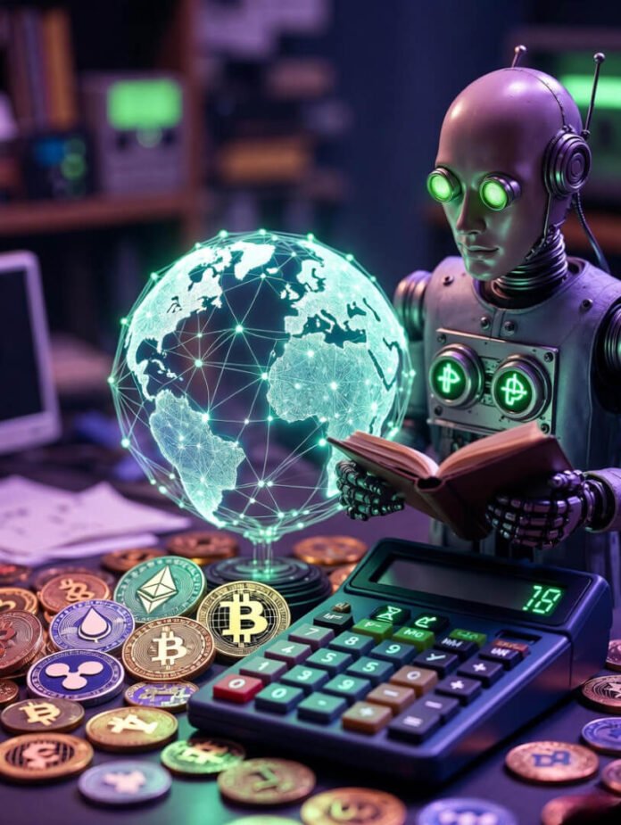 vintage calculator, retro sci-fi robot, neon green/deep purple palette