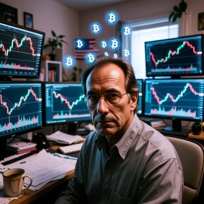 Middle-aged crypto trader at cluttered home office setup.