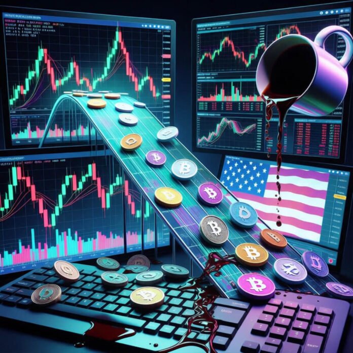 Cyberpunk crypto trading setup with spilling coffee and flag reflections.