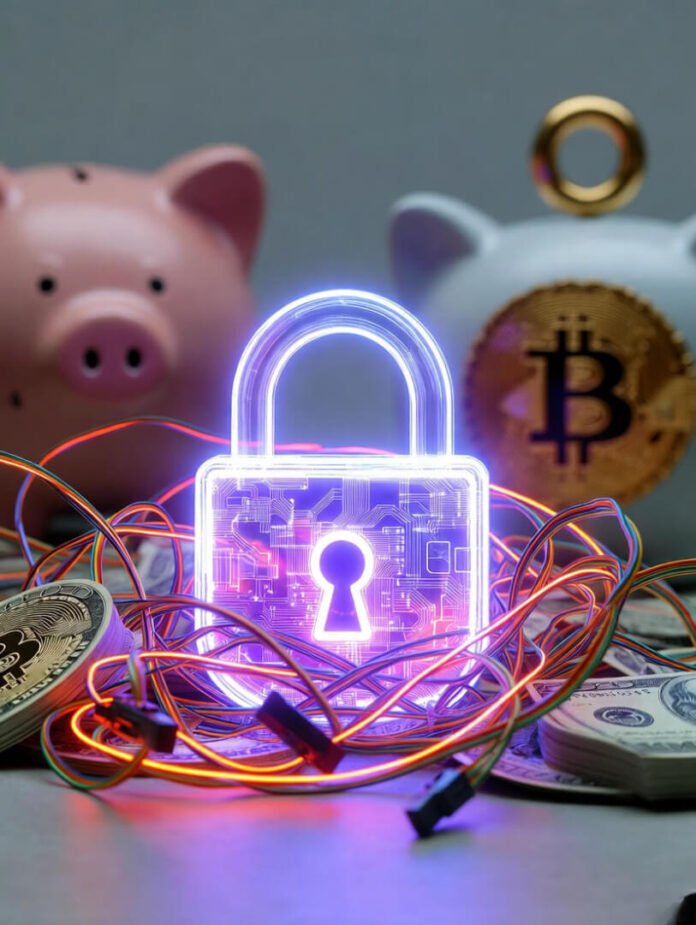 half-eaten bagel in the corner, and that glowing digital padlock tangled